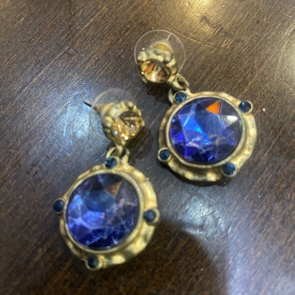 VNTG ANTIQUATED BLUE SAPPHIRE DROP BRASS BEJEWELED ELEGANT Earrings RARE